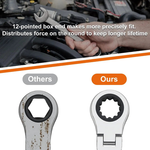 Using 10mm Flex Head Ratchet Wrench Built To Last Pro Grade Ratcheting Metric Combination Wrench in engine repair with 12-point box end