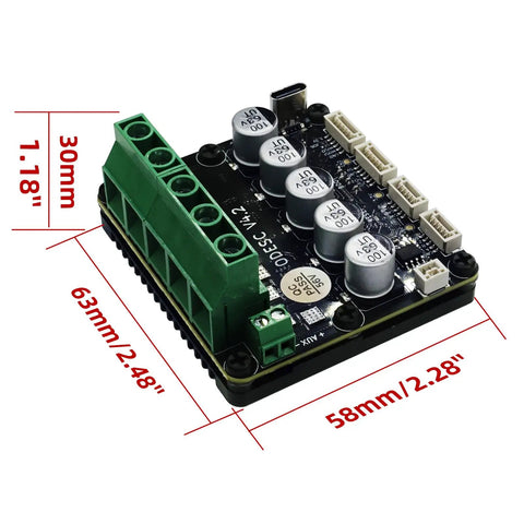Beefed Up Brushless Servo Motor Controller Driver Board V4.2 with size dimensions and visible components
