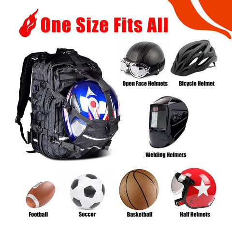 Waterproof Motorcycle Helmet Backpack With USB Port, Big Capacity Go To Tactical Bag showcasing multiple helmet types