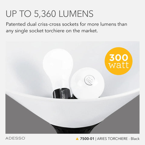 Close-up of Black Torchiere Floor Lamp With Frosted Shade, 300W Dual Socket, showing bulbs in frosted shade