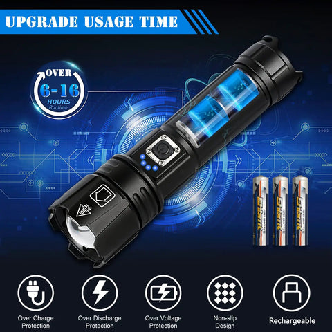 5 Modes 1000 Lumen Beast Mode Tactical LED Flashlight With IPX5 Water Resistance Floodlight Or Spotlight Beam shown with batteries