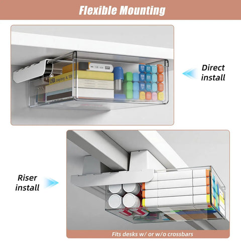 3 Pack Clear Under Desk Slide Out Organizers With Dual Adhesive Or Screw Mount Installation Sliding Into Tight Gaps To Declutter Fast And Make Your Home Office Desk Setup A Legit Game Changer, showing flexible mounting options.