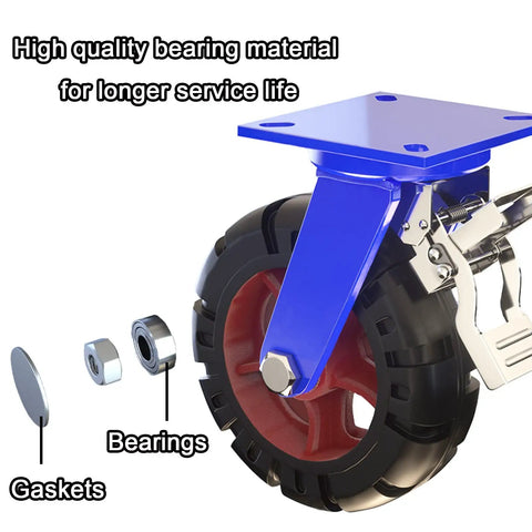 Beefy Heavy Duty 300 Mm Rubber Casters With Silent Castor Wheels, 2 Braked And 2 Non Braked, showing bearings and gaskets