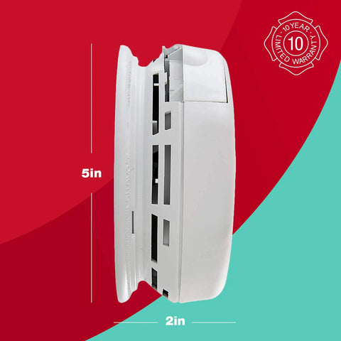 Side view of Hardwired Smoke And Carbon Monoxide Detectors 3 Pack With Battery Backup For Home Safety, showing dimensions and warranty