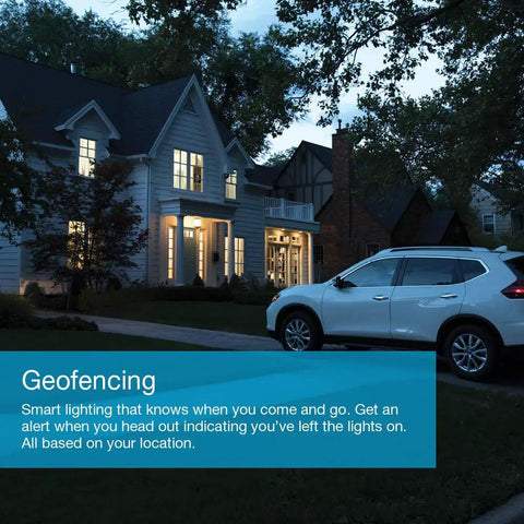 House with lights on, SUV parked outside, showcasing Caseta Deluxe Smart Switch Kit Make Your Lights Smart Turn Multiple Fixtures