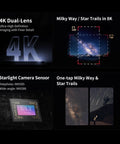 Seestar S30 Pro Smart Telescope with app control demonstrating 4K dual-lens, Milky Way star trails, and starlight camera sensor.