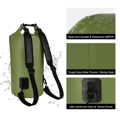 Green Waterproof Backpack 10L 20L 30L 40L With IPX8 Phone Case For Water Sports Fishing Boating Kayaking Surfing Rafting Built To Last