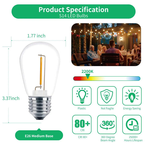 30 Pack S14 Edison String Light Bulbs For Outdoor Use 1 Watt Replacement LED Filament Bulbs Shatterproof E26 Medium Base