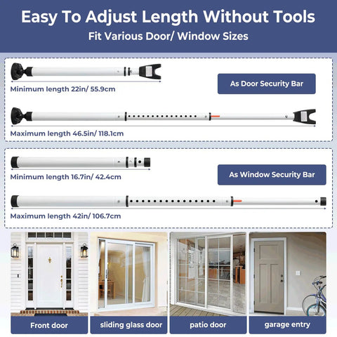 Heavy Duty Adjustable Sliding Door Security Bar With Swappable End Caps Locks Windows And Patio Doors Tight From Inside Measures Seventeen To Forty Six Inches, showing adjustable length from 22 to 46 inches for various door types.