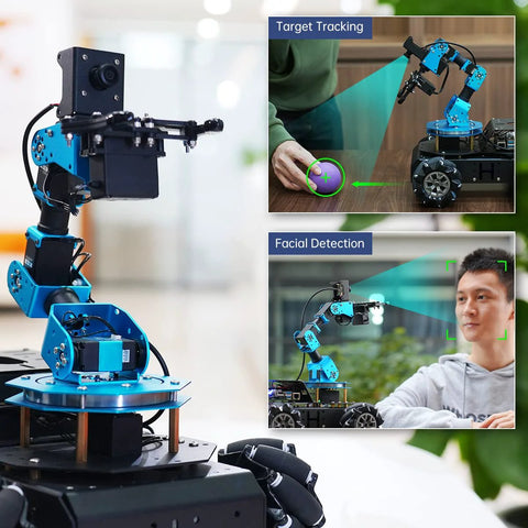 DIY Raspberry Pi 6DOF Robotic Arm Kit with AI vision, highlighting target tracking and facial detection features for STEM learning.
