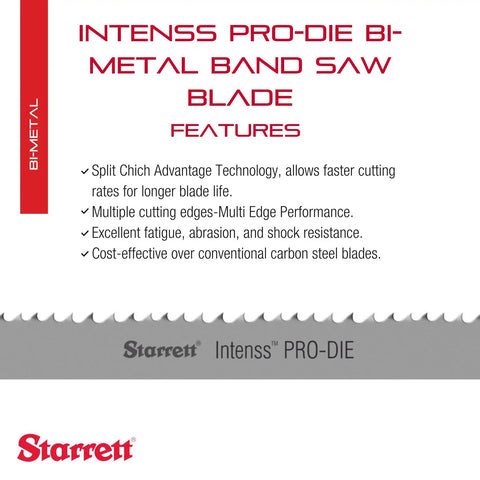 Intenss PRO-DIE Bi-Metal Band Saw Blade features, highlighting cutting technology and performance benefits for durability.