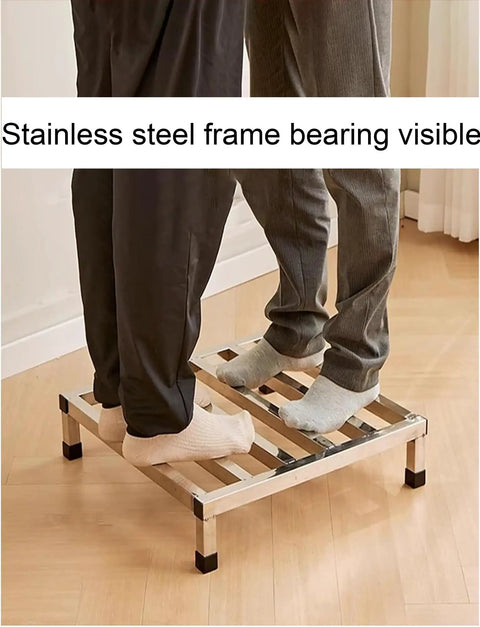 Built Tough Stainless Steel Dunnage Rack Heavy Duty Storage Shelf 30X20cm 15cm High Holds Up To 450kg with people standing on it.