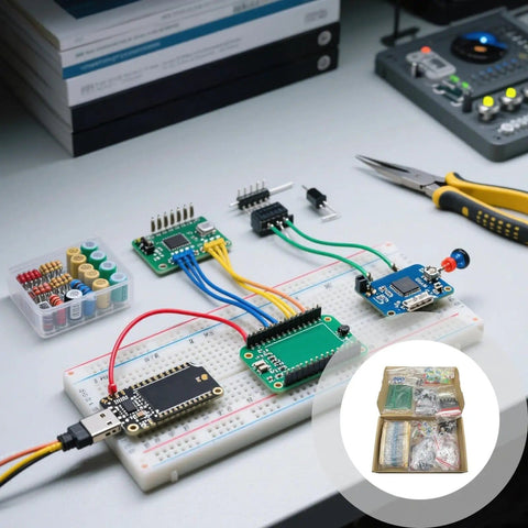 Massive 1900 Piece Electronics Component Kit with transistors, PCBs, and LEDs shown in use on a breadboard for DIY projects.