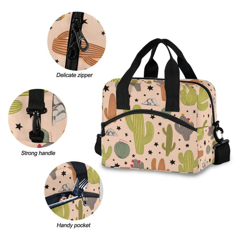 Desert Cacti Insulated 10L Cooler Bag with 300D Oxford Fabric and reinforced straps, showing zipper, handle, and pocket details.