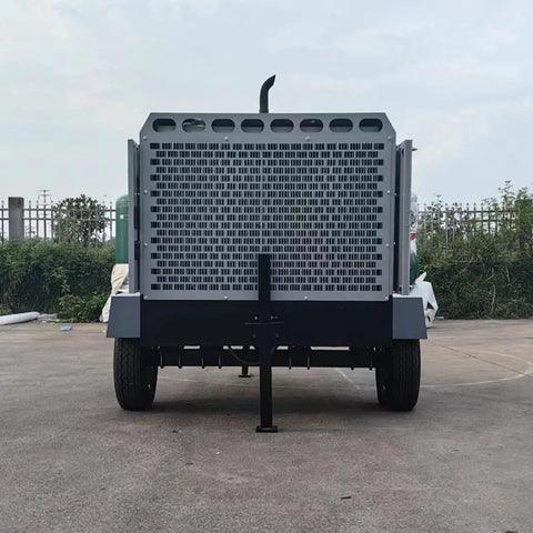 Custom 10 To 24 M3 Min High Capacity Mobile Industrial Rotary Screw Air Compressor For Construction Mining Drilling Applications Powerful Portable Gas Powered Unit rear view with steel chassis and wheels