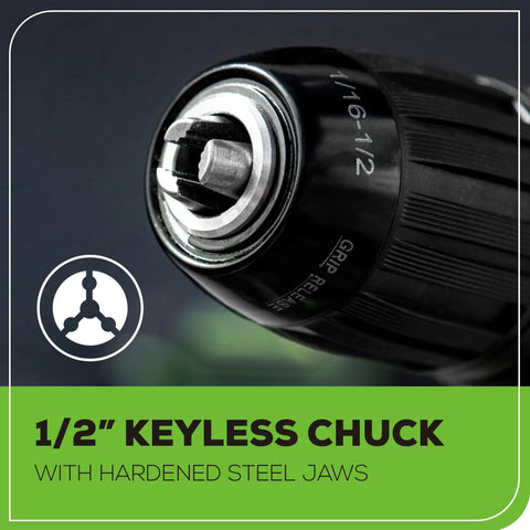 Close-up of 1/2 inch keyless chuck on Beast Power Cordless 24V Brushless Drill Kit showing hardened steel jaws.