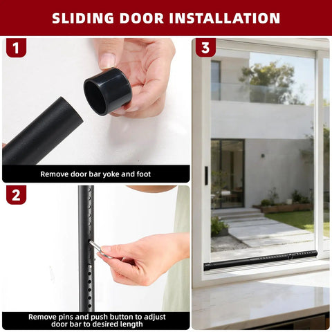 Two Pack Heavy Duty Metal Door Security Bars Adjustable For Hinged And Sliding Glass Doors installation steps with tools shown.