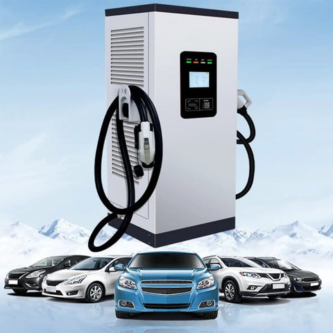 Beast Mode Heavy Duty Dc Fast Charger Floor Mounted Pedestal For Commercial Parking Lots And Fleet Depots With Rapid Juice Delivery and Plug And Play Hookup, showing charging station with cables.