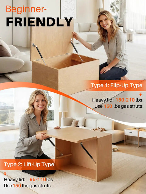 Beginner-friendly gas struts lifting two types of wooden lids, showcasing Badass Twenty Inch Gas Struts Built To Deadlift Your RV Bed Or Truck Tool Box Up To 150 Pounds With Sturdy Mounting Brackets For A No Sweat Smooth Operator Lifting Experience In A Two Piece Set.