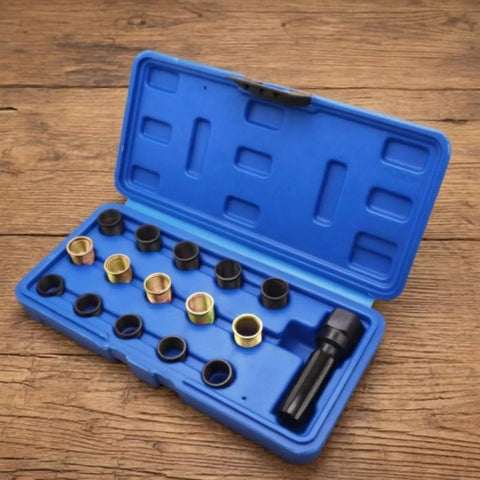 Premium Deep-Seated Plug Thread Repair Tool Kit With High-Speed Steel HSS Taps And Durable Metal Inserts For Heavy Workshop Jobs That Fix Stripped Threads Like A Champ. Blue case with HSS taps and inserts