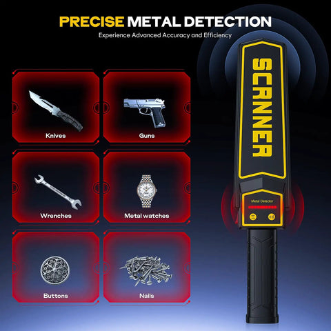 Handheld Metal Detector Wand Packing Five Level Sensitivity Modes Ace For Woodworking And Pallet Sweeps Nail Finder Scanner with icons of detected items.