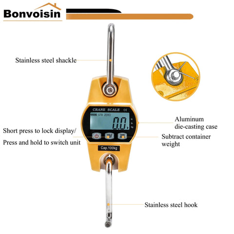 Straight Up Heavy Duty Digital Crane Scale Built Like A Tank For Ranch Grind Jobs With Remote Control Peak Hold Feature Bright Led Reading And 2000 Pound Max Load For Zero Hassle Lifting showing stainless steel shackle and die-casting case.
