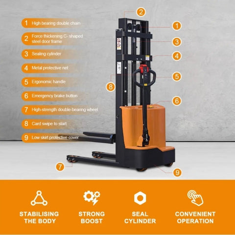 Heavy Duty Electric Pallet Stacker Delivering Smooth Operator Performance For Quick Warehouse Hustle Compact Battery Powered Design features detailed labels.