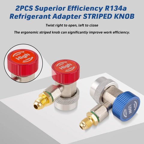 2pcs R134a refrigerant adapters with red high-pressure and blue low-pressure knobs for automotive A/C
