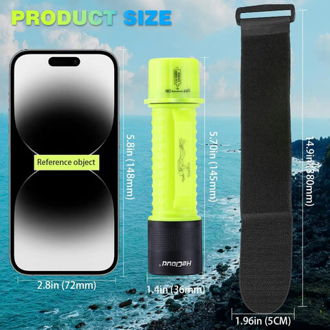 2 Pack IPX8 Waterproof Diving Flashlight with size comparison next to smartphone and strap on rocky ocean background