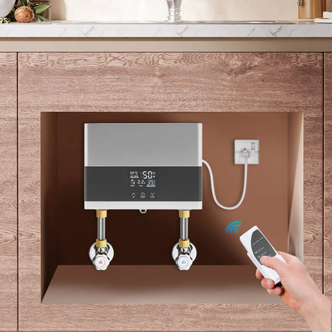 On Demand Tankless Electric Water Heater 4000W 110V Instant Hot Water System installed under sink with remote control access.