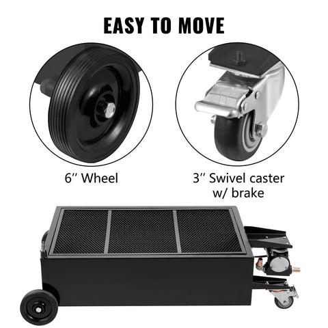 Low Profile 25 Gallon Oil Drain Pan With 110V High Flow Electric Pump showing 6" wheels and 3" swivel casters with brake.