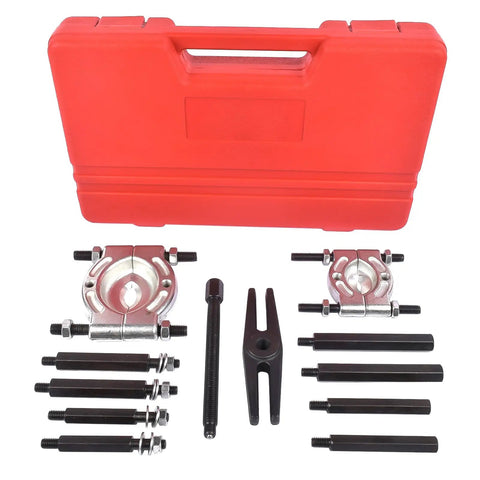 12 Pc Hub Axle Puller Set 5 Ton Separator 2 3 Inch Jaws Forged Steel Black Oxide Coated Case With Carry Case Good For Garage Pros And DIY Guys Getting Heavy Tools That Hold Up Well And Cost Less Than Other Expensive Options Today, red case with puller parts laid out