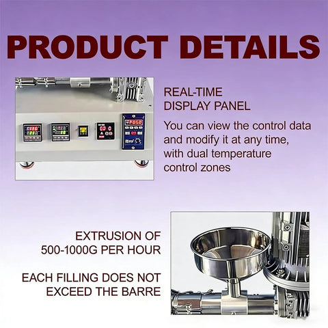 Heavy Duty 3D Printing Filament Recycler And Extruder Machine With Smart PID Temp Control showing real-time display panel and extrusion details.