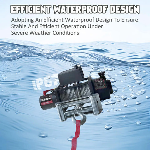 Heavy Duty 18,800 Lb Electric Winch With 78 Ft Steel Wire Rope shown in water, highlighting its efficient waterproof design.