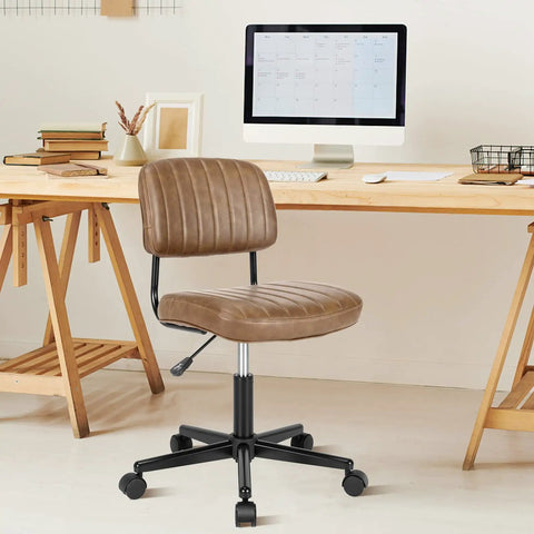 Slick Armless Desk Chair With Easy Glide Wheels, Top Tier PU Leather Task Seat, brown with low back cushion and height adjustment.