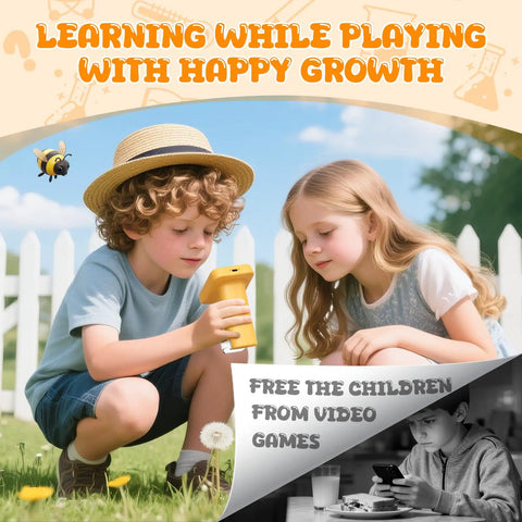 2-In-1 Kids Digital Microscope for Outdoors and Home, Switch Between Handheld and Desktop, HD Screen Video Capture, 9-Slide Science Kit, Portable STEM Toy Gift for Ages 6-12 Boys and Girls, Learn Like a Boss Scientist shown with two children outdoors