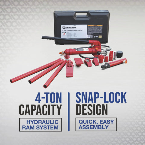 Heavy Duty Hydraulic Portable Ram Kit 4 Ton Capacity 17 Piece Set with hydraulic pump and accessories in carry case.