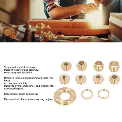 Solid Brass Router Template Bushing Guide Set With Eight Exact Measurements For Woodworking Flip Plates And Trimming Machines showing all eight precision bushings.