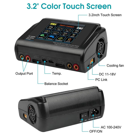 Dual RC Battery Charger With Touch Screen Beefy Power 200W AC Or 400W DC showing ports and touch screen display