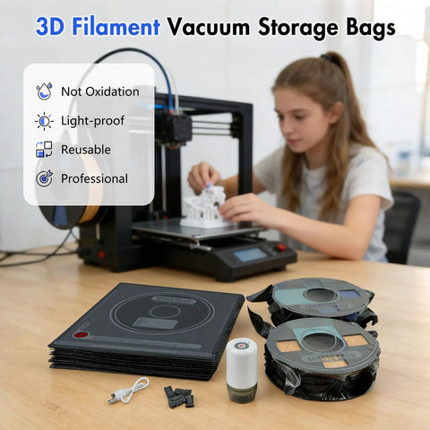 Reusable Vacuum Storage Bags For 3D Filament Top Tier Kit With Hand Pump And Clips Heavy Duty on workspace with 3D printer.