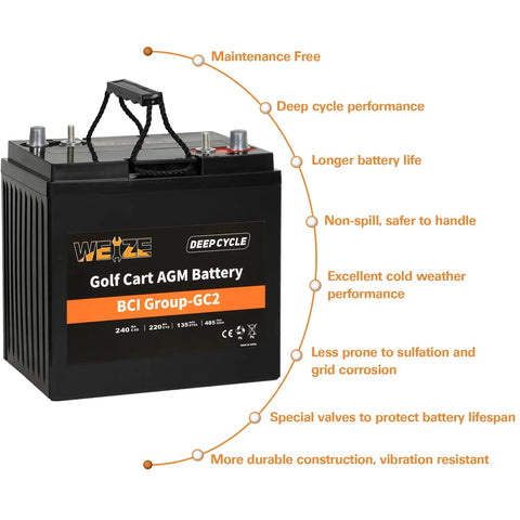 Rock Solid Gc2 6V 240Ah Deep Cycle AGM Gel Battery For Golf Carts Scissor Lifts And Scrubber Sweepers With Heavy Duty Sae Terminals and features.