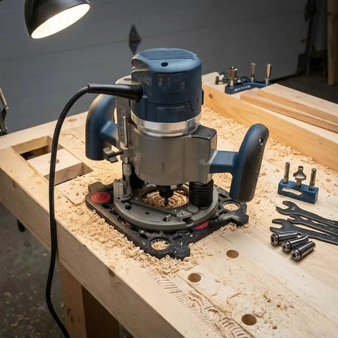 Heavy Duty 3 4 Workbench Dog Hole Template Guide Precision Drill Jig For Woodworking Layout Tools Accurate Spacing With Clamp Stops And Workholding System To Nail Your Setup Fast positioned on a wooden workbench with shavings.