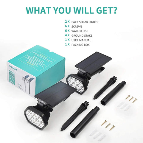 Solar Outdoor Lights 10 LED Landscape Spotlights, Two-In-One Wireless Adjustable Wall Lights, Warm White, with accessories shown