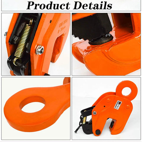Close-up of Rock Solid Vertical Steel Plate Clamp 10 Ton Heavy Duty Alloy Steel Lifting Tongs with adjustable lock and spring.