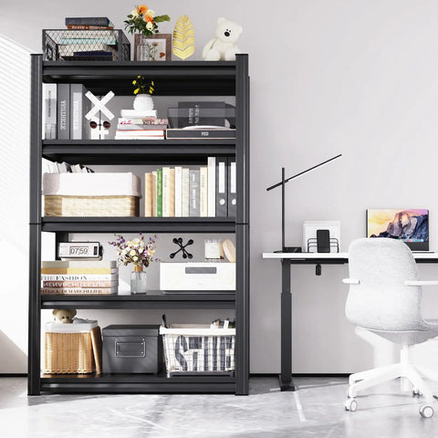 Beefy 5-Tier Heavy Duty Metal Garage Shelving Set 3 Pack next to a modern white desk in a bright room
