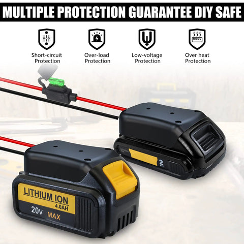Image showing 20V Battery Adapter And Power Wheels Conversion Kit with fuse, 14 gauge wire, and lithium ion battery compatibility.