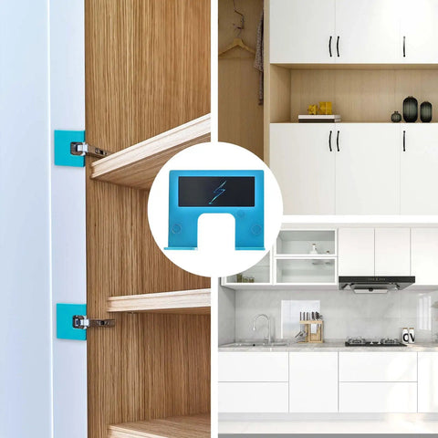 Magnetic Door Hinge Jig For Accurate Mortise And Hinge Cuts installed in wooden cabinet joints, shown alongside modern kitchen cabinets.