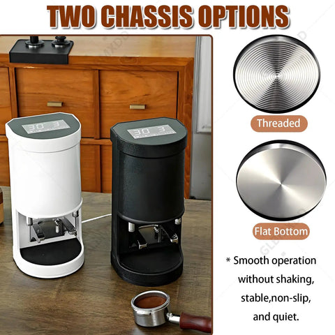 Electric Coffee Tamper 58mm Automatic Espresso Tool With Slick Adjustable Pressure From Five To Thirty Kilos for home barista and cafe crew, showing white and black chassis options.