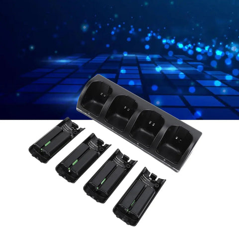 Four In One Remote Controller Charging Station With Four 2800mAh Rechargeable Batteries USB Cable For Gaming Remotes Controllers Not Included Black in use