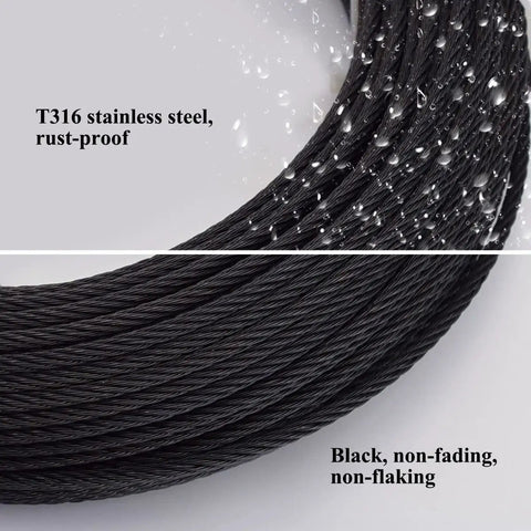 Close-up of black cable with droplets, showcasing Black Cable Railing Hardware Kit For One Eighth Inch Wire Rope System, Marine Grade T316.